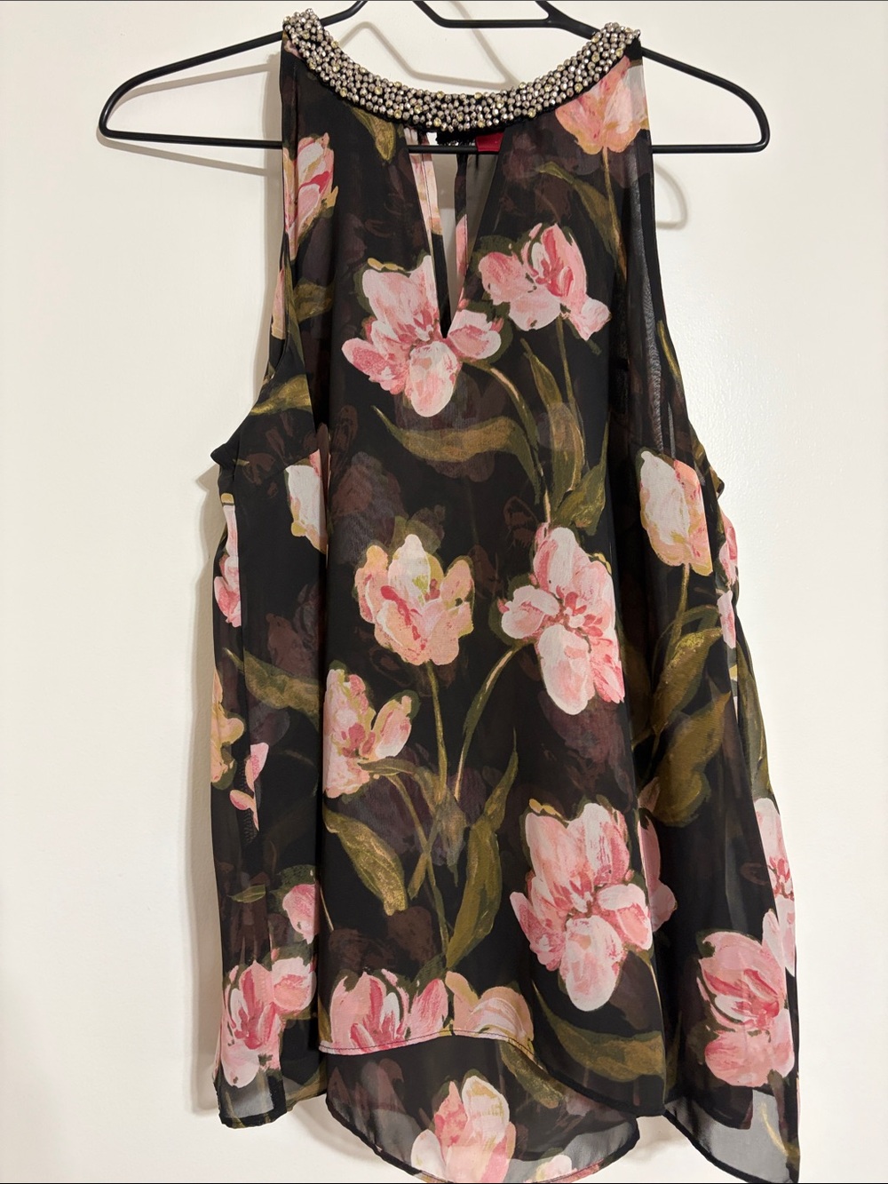 Jennifer Lopez Beaded Halter Floral Chiffon Camisole - Black with Pink bling